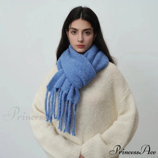 Glacier Blue Knitted Wool Scarf with Tassels for Women Deep blue / L215CM W27CM