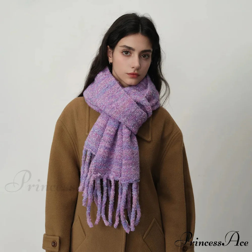 Glacier Blue Knitted Wool Scarf with Tassels for Women violet / L215CM W27CM