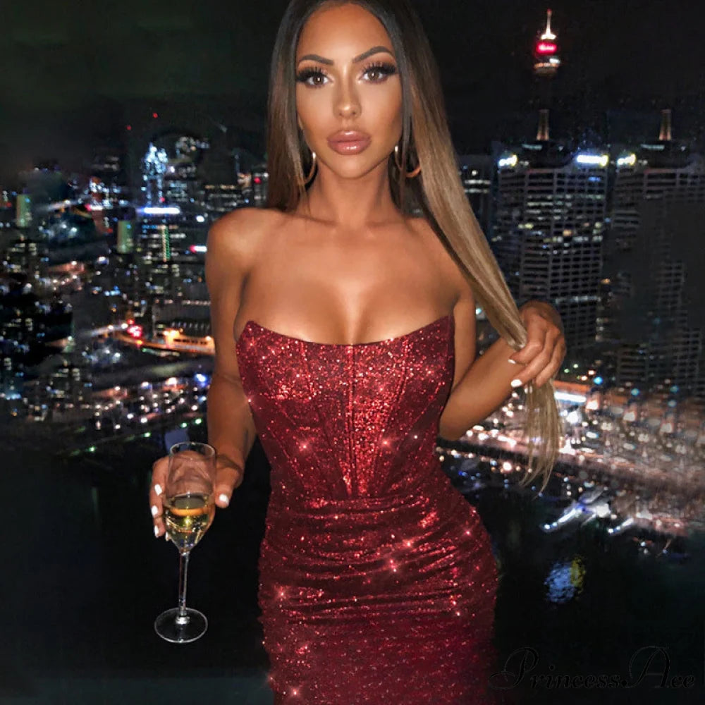 Glamorous Night Club Sexy Bodycon Glitter Christmas Party Dress Wine Red 1 / S