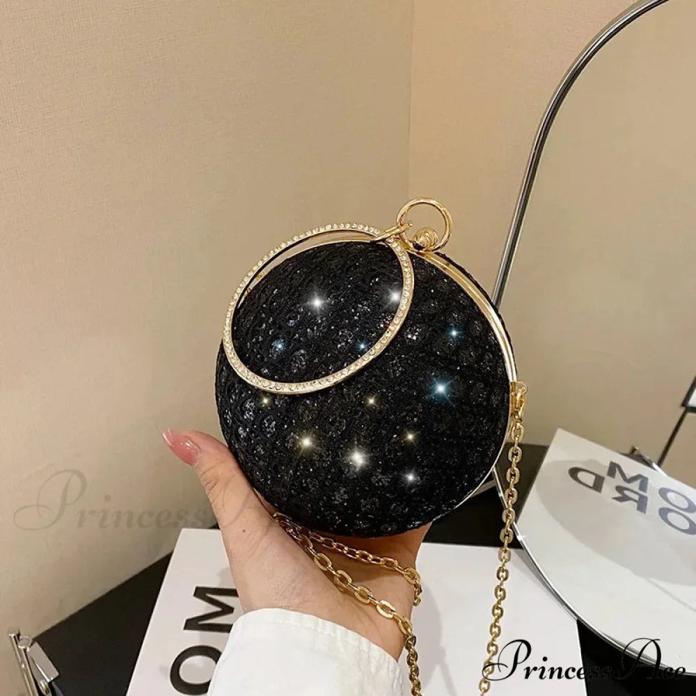 Glimmering Circular Glossy Gem Evening Shoulder Clutch Bag Black clutchbag-250126