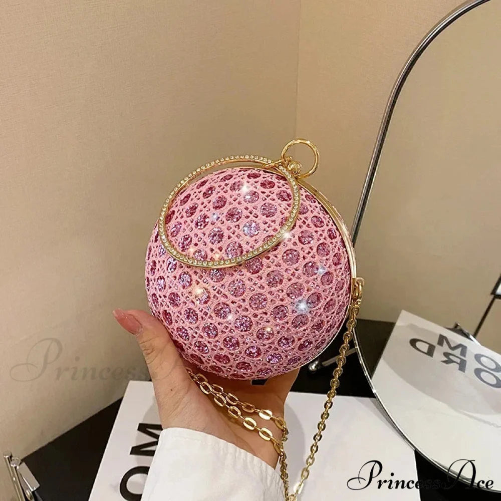 Glimmering Circular Glossy Gem Evening Shoulder Clutch Bag Pink clutchbag-250126
