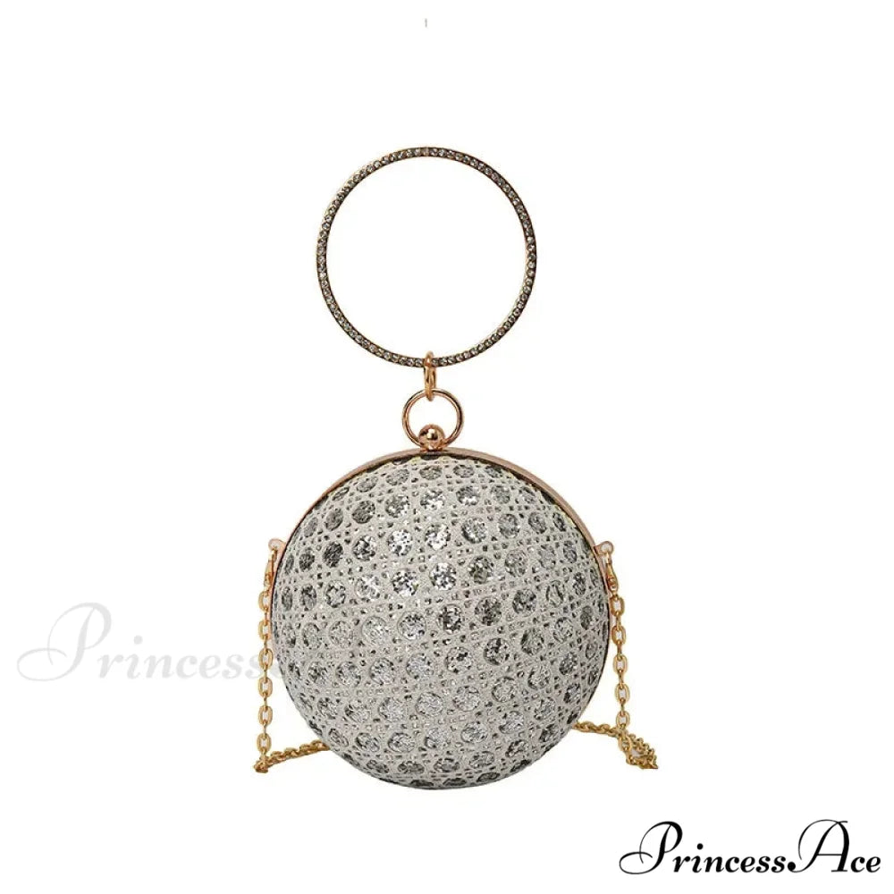 Glimmering Circular Glossy Gem Evening Shoulder Clutch Bag Silver clutchbag-250126