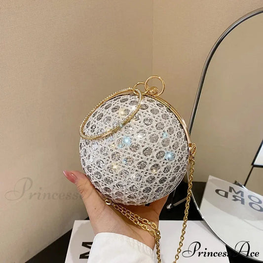 Glimmering Circular Glossy Gem Evening Shoulder Clutch Bag White clutchbag-250126