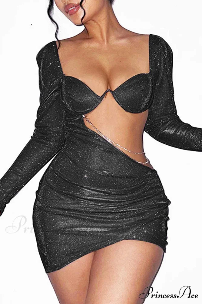 Glitter Chain Long Sleeve Ruched Mini Dress Black / L