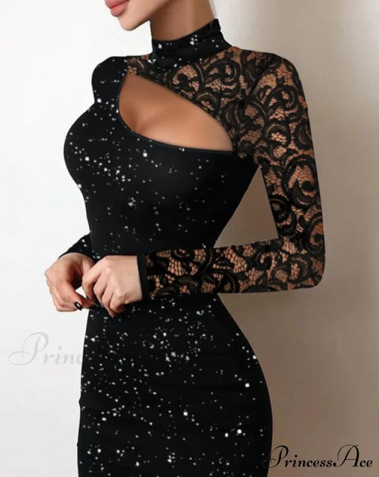 Glitter Contrast Lace Cutout Long Sleeve Bodycon Mini Dress