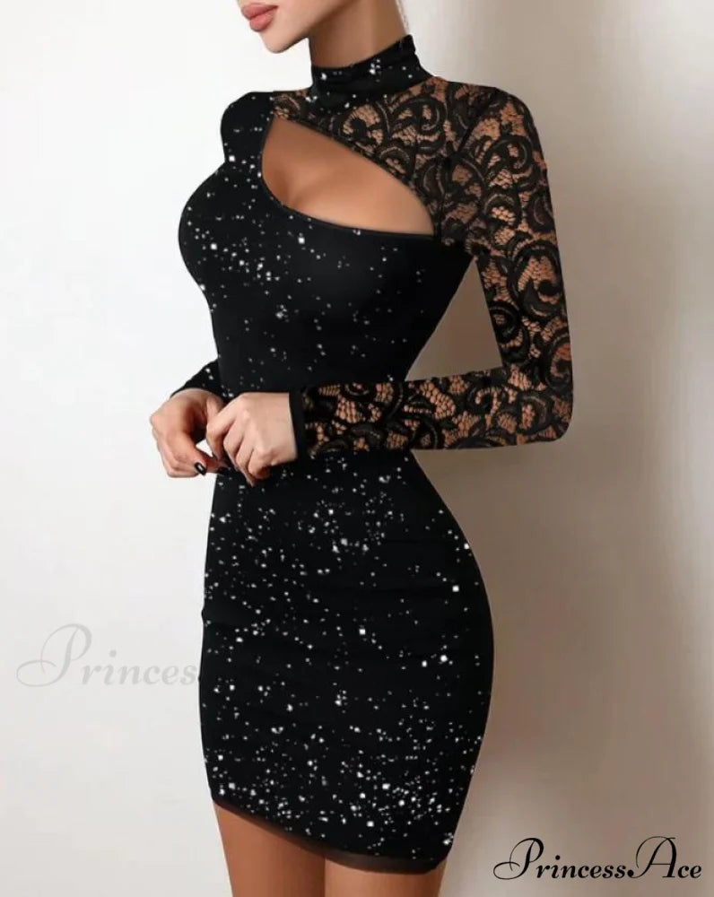 Glitter Contrast Lace Cutout Long Sleeve Bodycon Mini Dress A / S