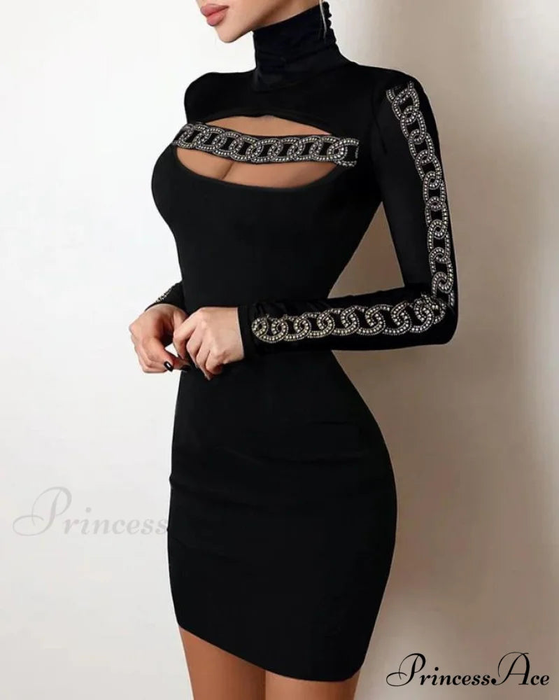 Glitter Contrast Lace Cutout Long Sleeve Bodycon Mini Dress B / S