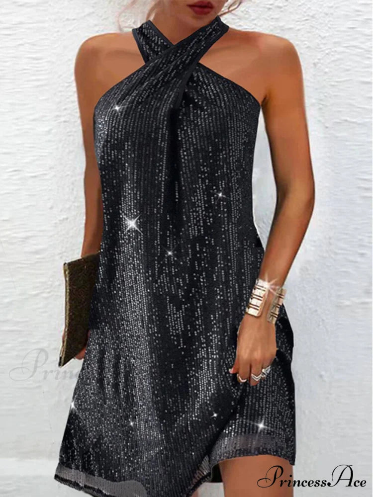 Glitter Elegant Halterneck Dress Black / S