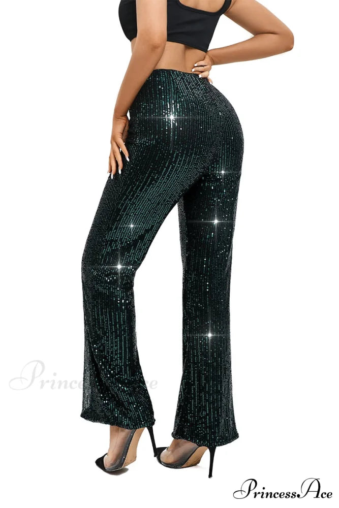 Glitter High Waist Wide Leg Sequin Pants Dark Green / XS