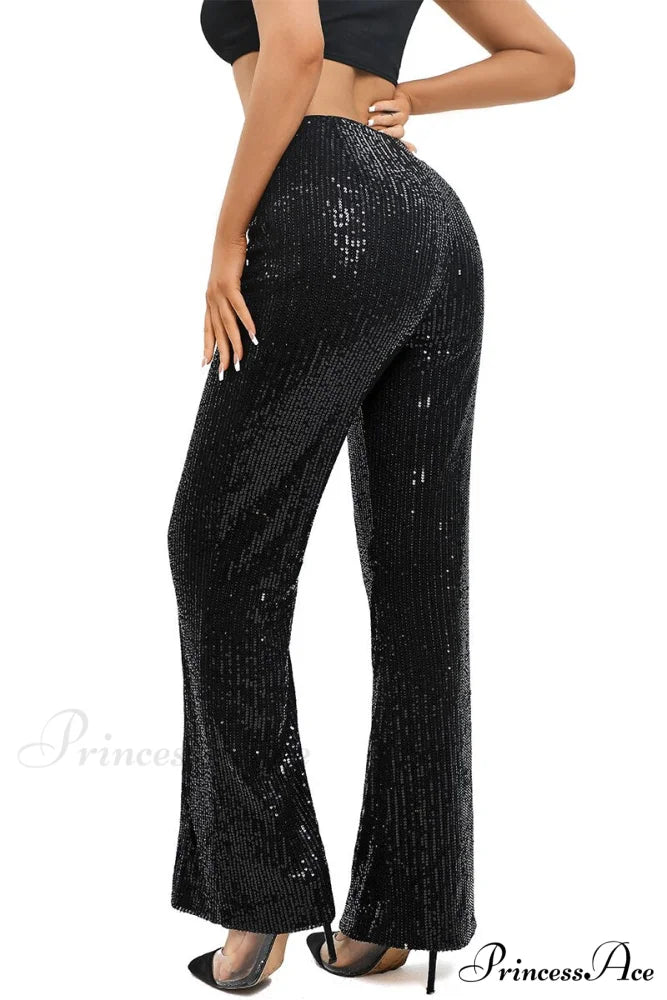 Glitter High Waist Wide Leg Sequin Pants Pure black / XS