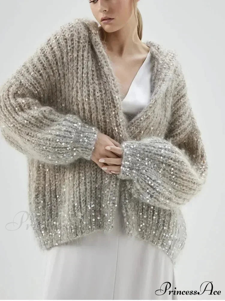 Glitter Hooded Long Sleeve Cardigan gray / S