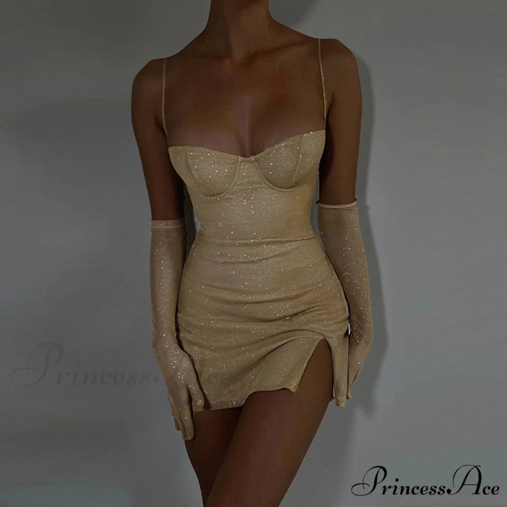 Glitter Party Club Fashion Outfits Spaghetti Strap Sexy Slit Dress