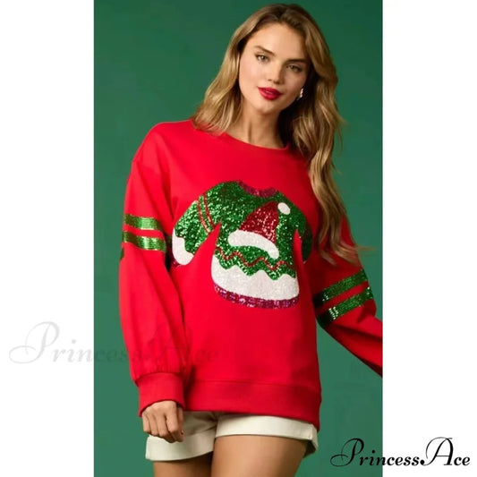 Glitter Patchwork Vintage Harajuku Slim Long Sleeve Christmas Hoodie Red / S Christmas Hoodies-L