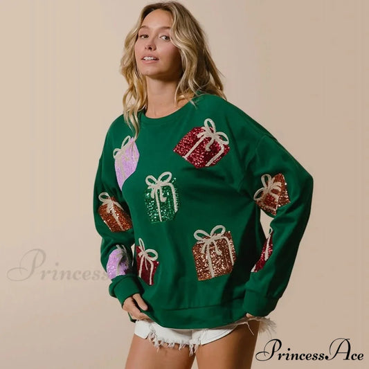 Glitter Patchwork Vintage Harajuku Slim Streetwear Long Sleeve Christmas Hoodie Green / S Christmas Hoodies-L