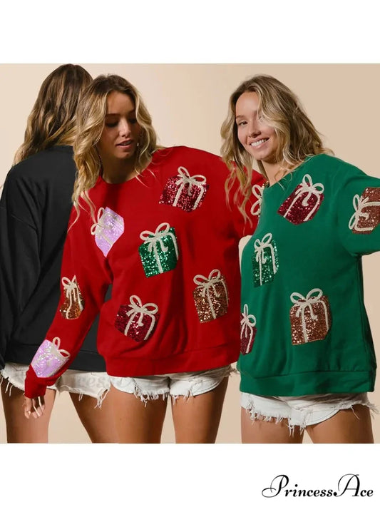 Glitter Patchwork Vintage Harajuku Slim Streetwear Long Sleeve Christmas Hoodie Christmas Hoodies-L