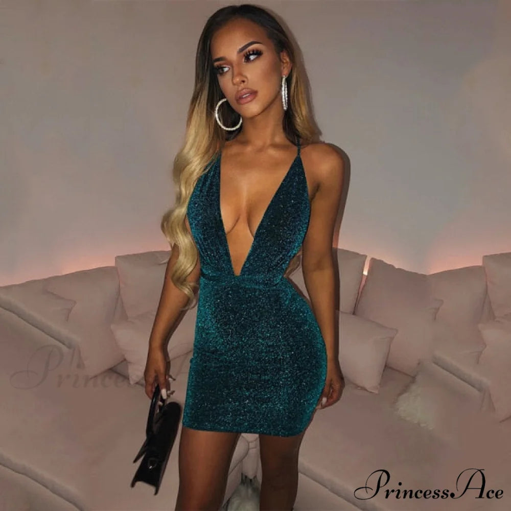 Glitter Sequin Strap Mini Dress green / S