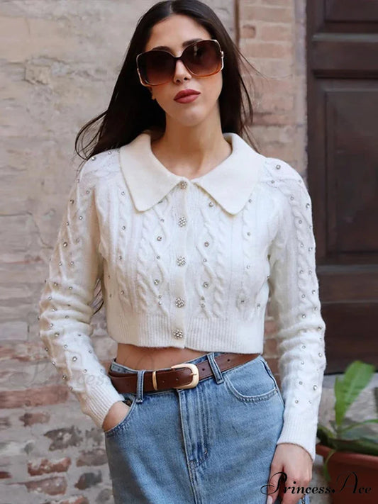 Glitter Turn Down Collar Cardigan White / S