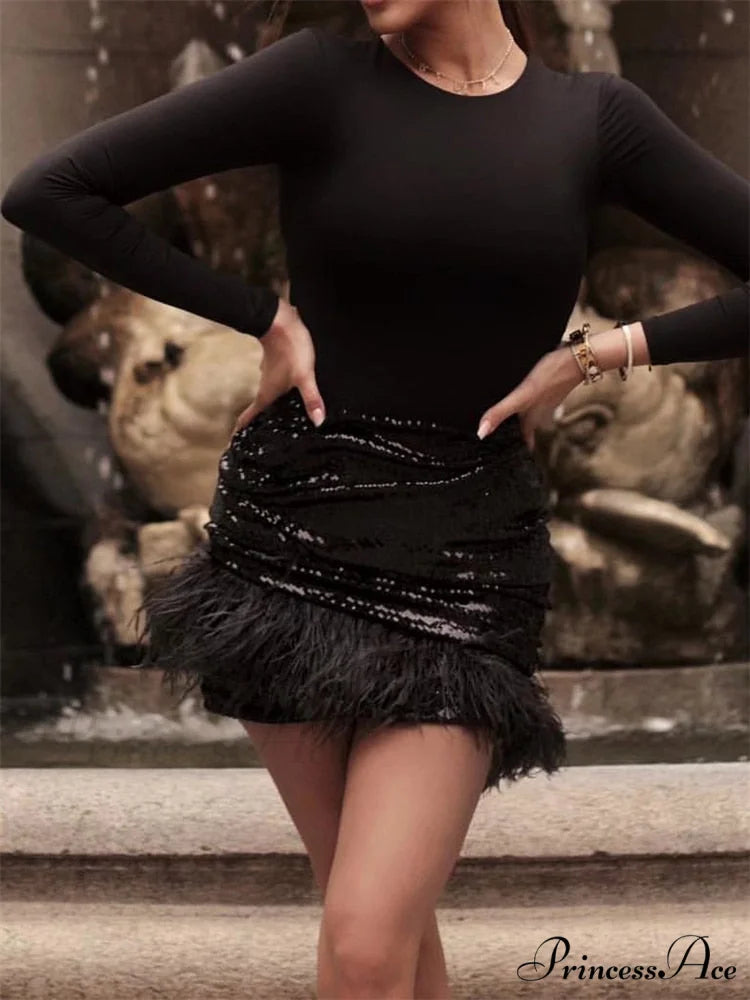 Glitter Women Sequin Feather Tassel Mini Skirt