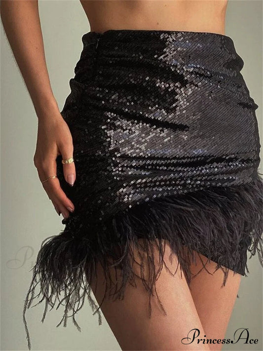 Glitter Women Sequin Feather Tassel Mini Skirt Black / S