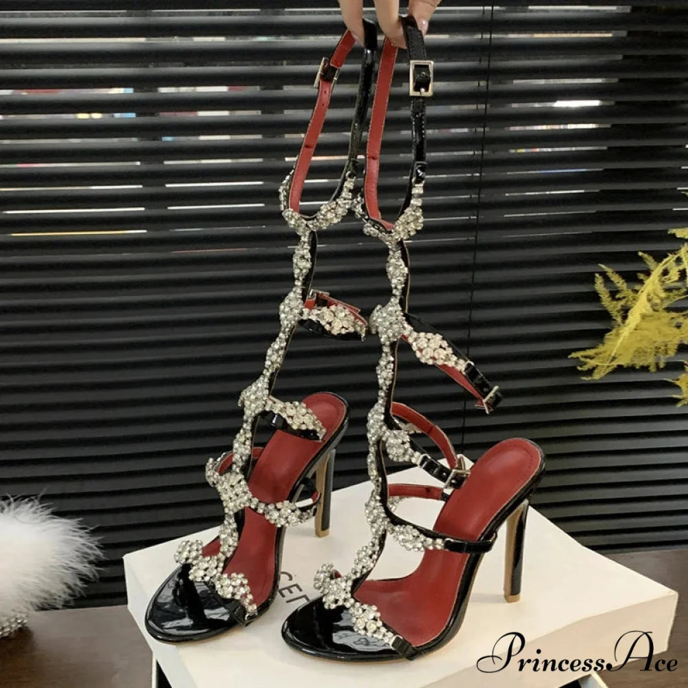 Glittering Sexy Crystal Open-Toe Rhinestone Platform Sandals Summer Party Elegant Stylish High Heel Black / 35