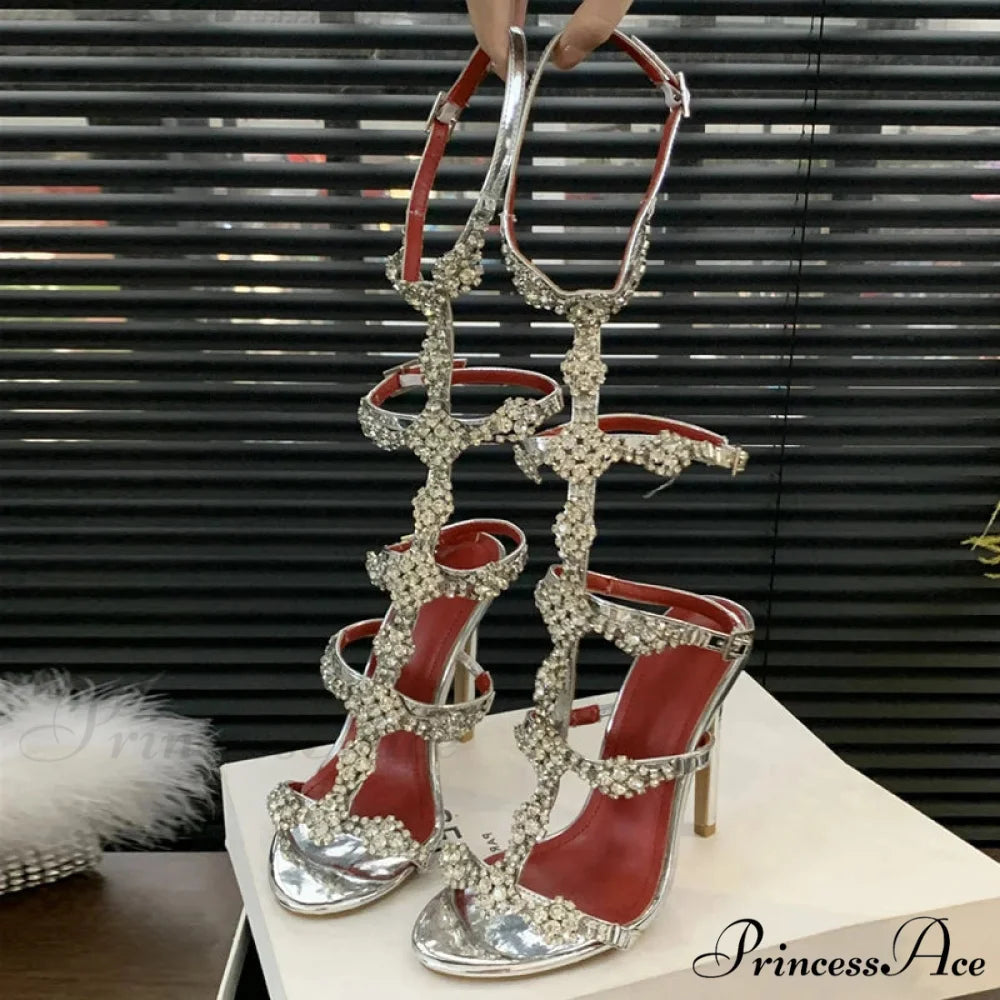 Glittering Sexy Crystal Open-Toe Rhinestone Platform Sandals Summer Party Elegant Stylish High Heel Silver / 35