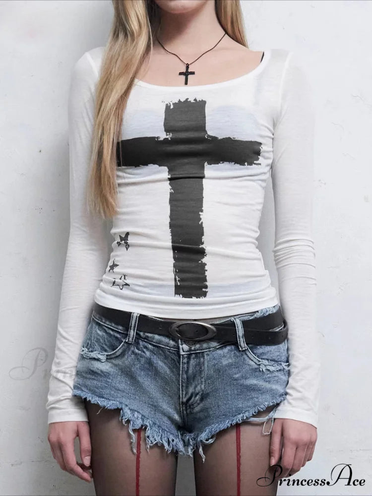 Gloomy Informal Patterned Gothic Sleek O-Neck Knit Top WHITE / S knittop-250126