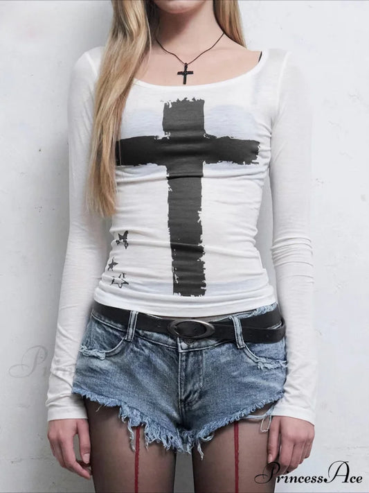 Gloomy Informal Patterned Gothic Sleek O-Neck Knit Top WHITE / S knittop-250126