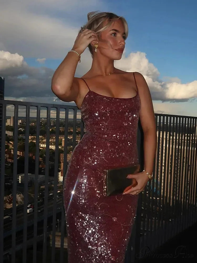 Glossy Sequin Sleeveless Backless Party Dress