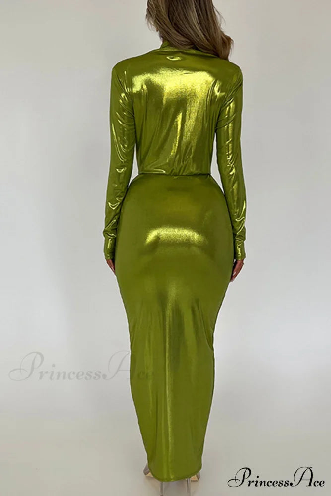 Glossy V Neck Ruched Slit Dress