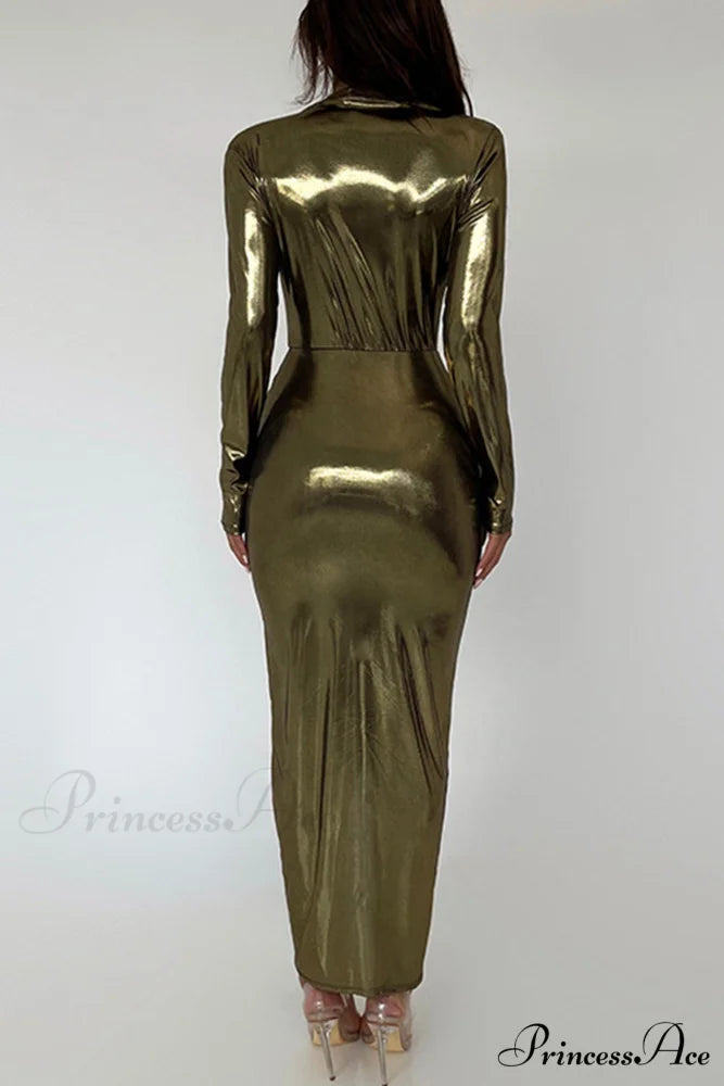 Glossy V Neck Ruched Slit Dress