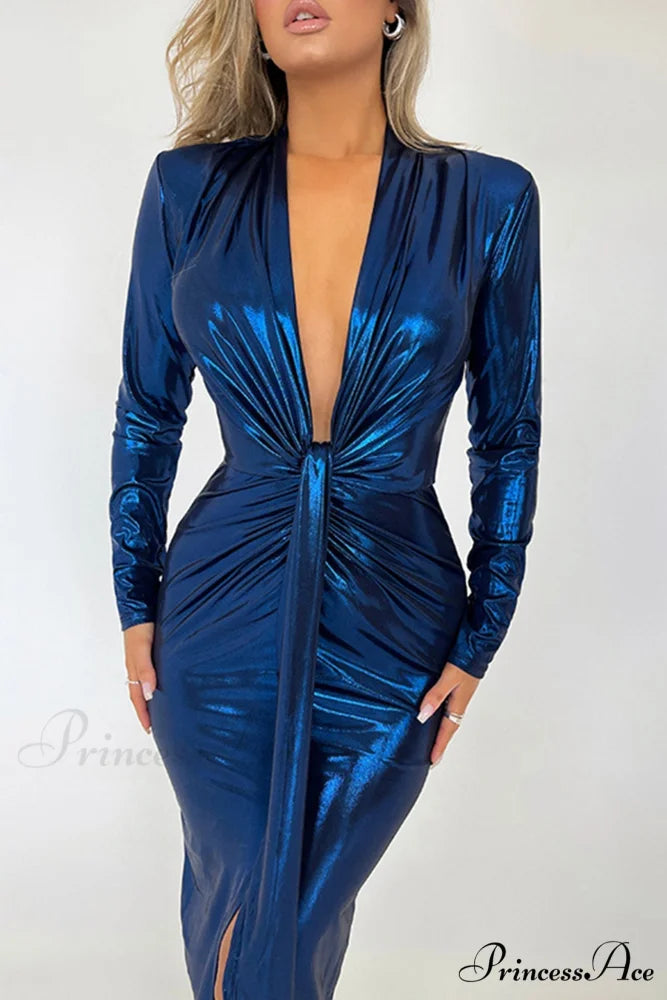 Glossy V Neck Ruched Slit Dress Blue / S