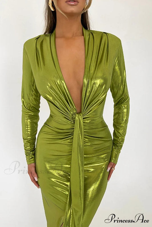 Glossy V Neck Ruched Slit Dress Green / M