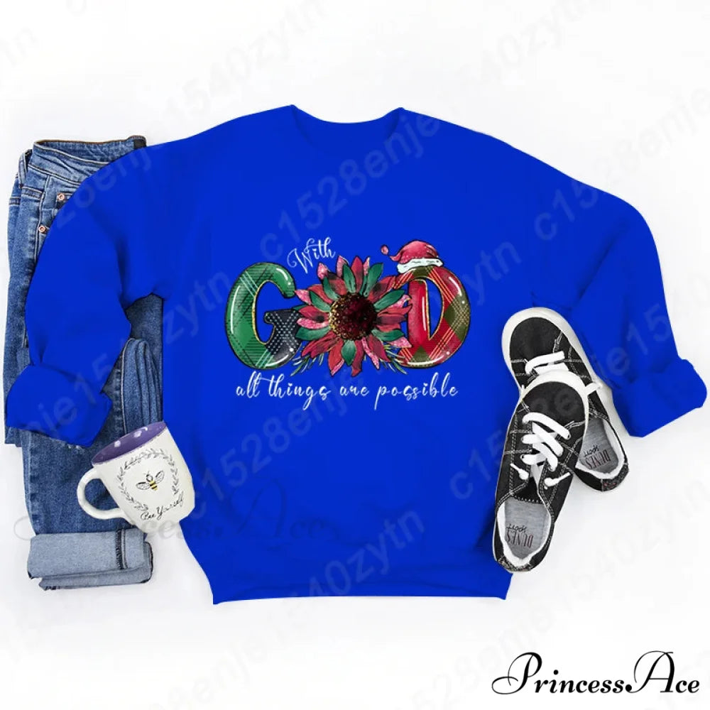 God All Things Possible Round Neck Hoodie - Autumn/Winter/Christmas Blue / S Christmas Hoodies-L