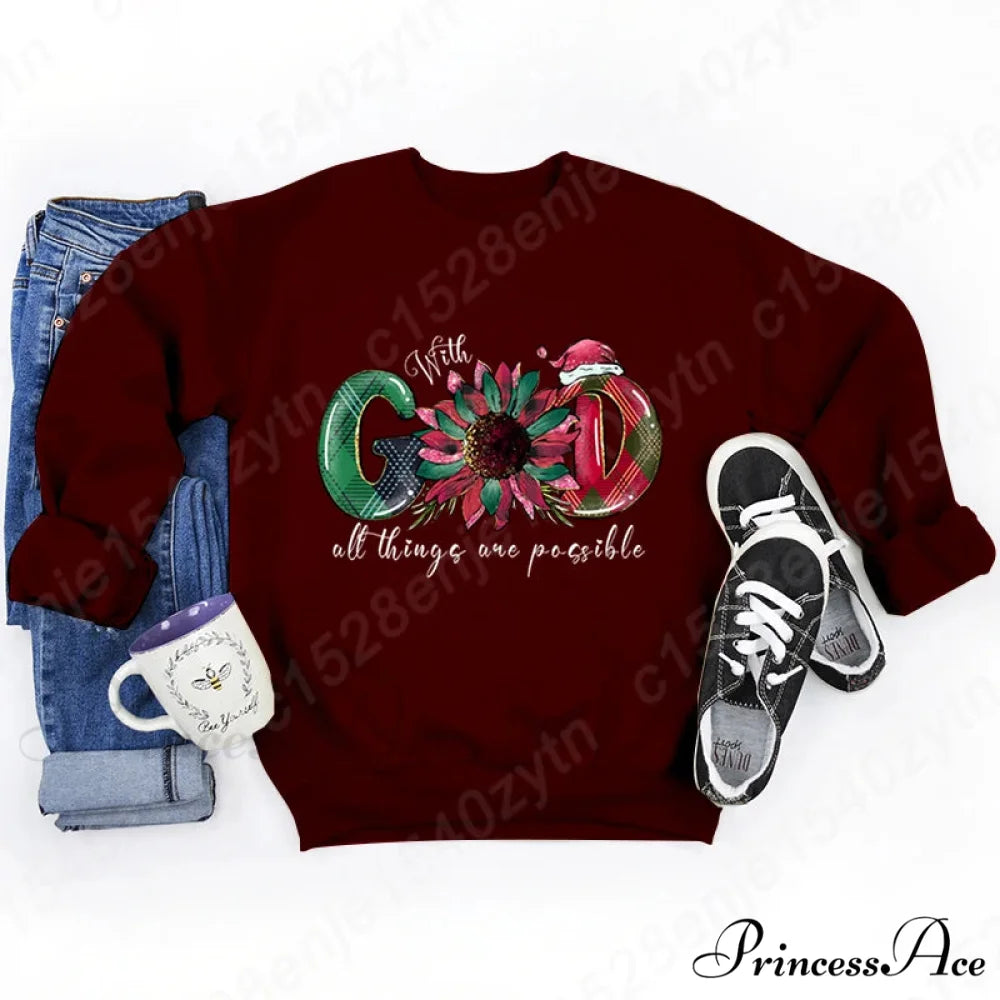 God All Things Possible Round Neck Hoodie - Autumn/Winter/Christmas Burgundy / S Christmas Hoodies-L