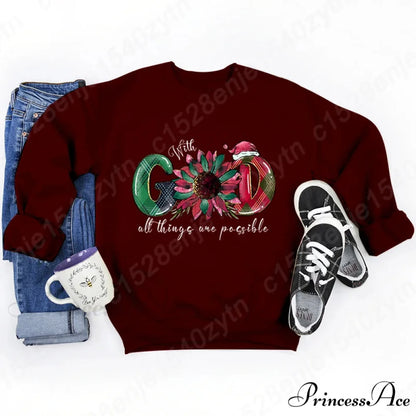 God All Things Possible Round Neck Hoodie - Autumn/Winter/Christmas Burgundy / S Christmas Hoodies-L