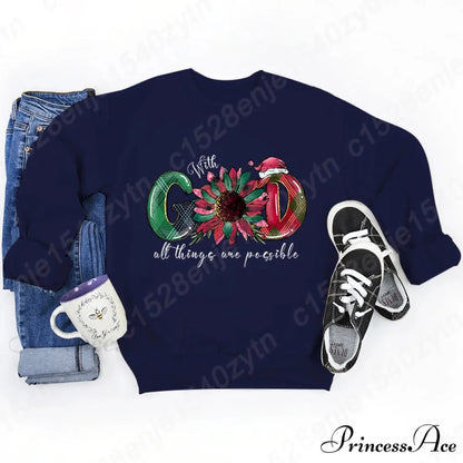 God All Things Possible Round Neck Hoodie - Autumn/Winter/Christmas DEEP BLUE / S Christmas Hoodies-L