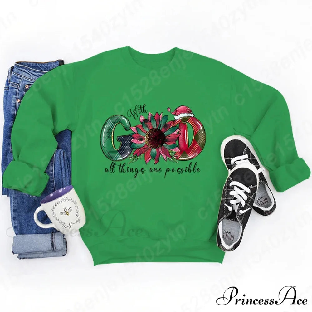 God All Things Possible Round Neck Hoodie - Autumn/Winter/Christmas Green / S Christmas Hoodies-L