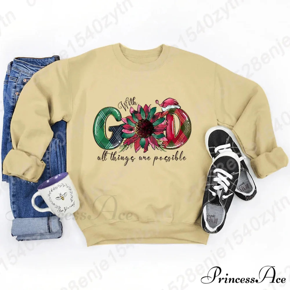 God All Things Possible Round Neck Hoodie - Autumn/Winter/Christmas Khaki / S Christmas Hoodies-L
