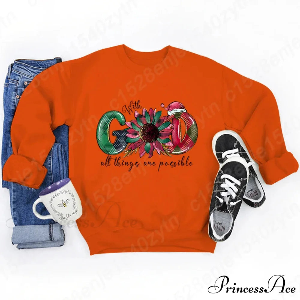 God All Things Possible Round Neck Hoodie - Autumn/Winter/Christmas Orange / S Christmas Hoodies-L