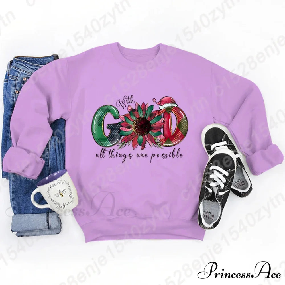 God All Things Possible Round Neck Hoodie - Autumn/Winter/Christmas PURPLE / S Christmas Hoodies-L