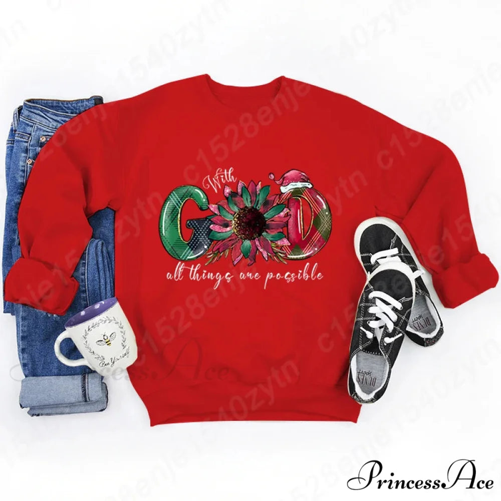 God All Things Possible Round Neck Hoodie - Autumn/Winter/Christmas Red / S Christmas Hoodies-L