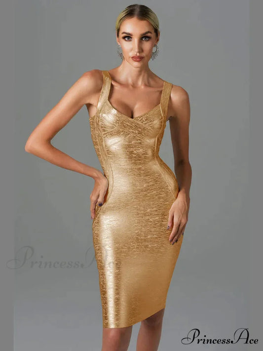 Gold Bronzing Midi Party Dress Gold / S