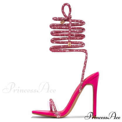Gold Crystal Ankle Cross-Strap Sexy Open-Toe Club Summer Party Banquet High Heel Mei red / 35