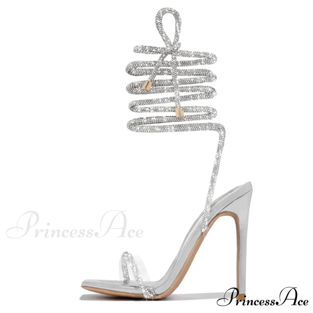 Gold Crystal Ankle Cross-Strap Sexy Open-Toe Club Summer Party Banquet High Heel White / 35