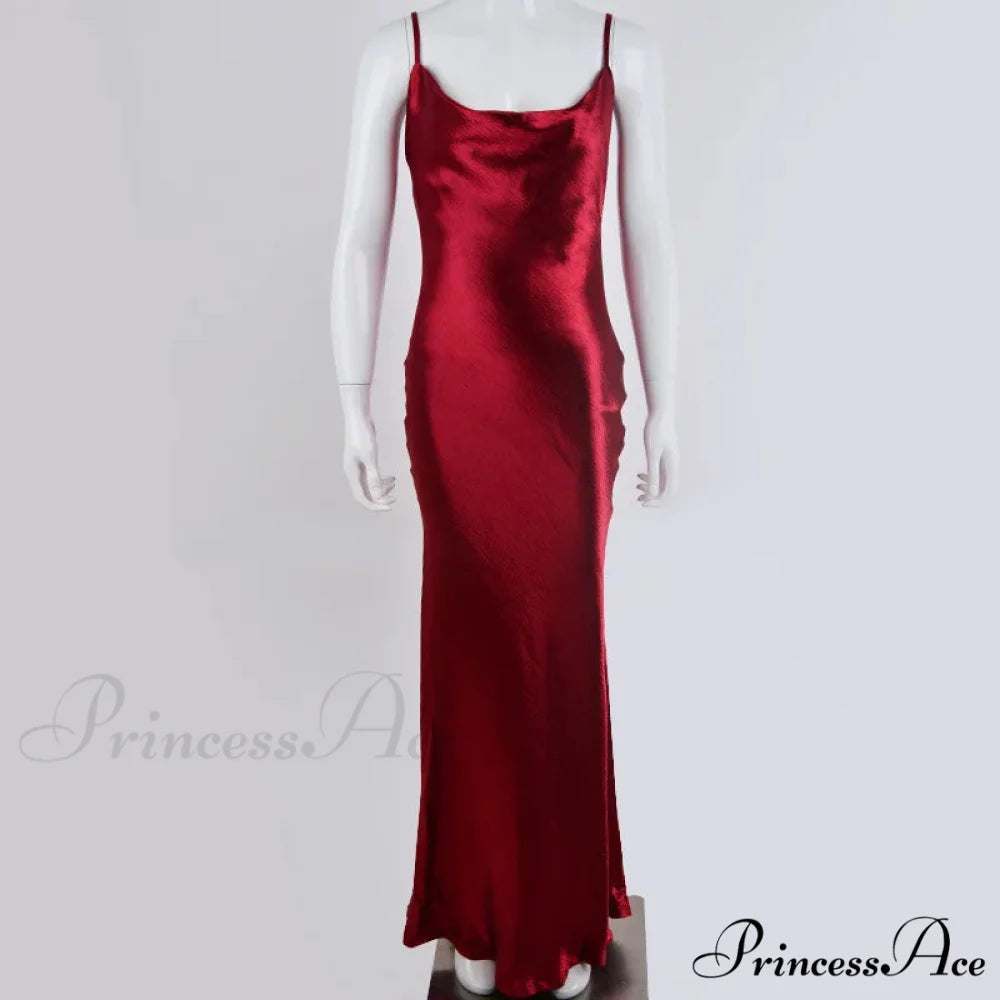 Gold Satin Spaghetti Strap Party Dress Red / XS