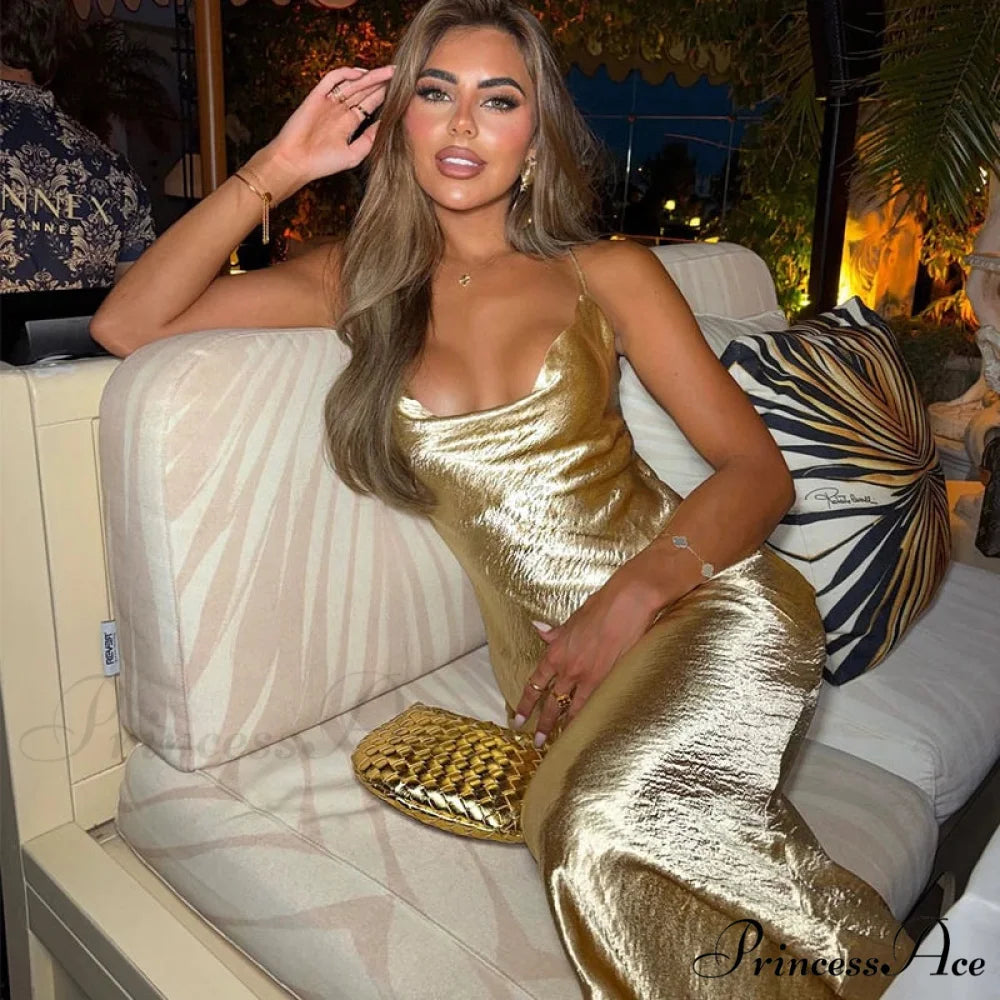 Gold Satin Spaghetti Strap Party Dress Gold / XS