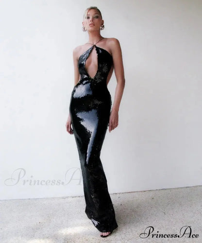 Gold Sequin Backless Long Party Dress Black / XS