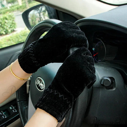Gold Velvet Winter Full Finger Christmas Gloves - Soft and Comfortable Black