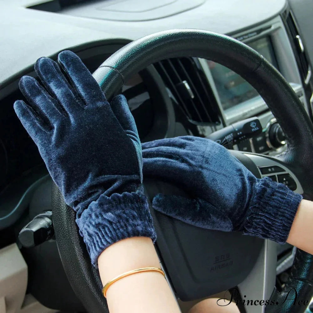 Gold Velvet Winter Full Finger Christmas Gloves - Soft and Comfortable Blue