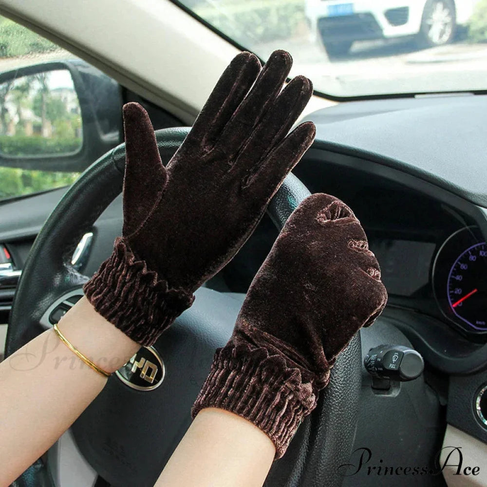Gold Velvet Winter Full Finger Christmas Gloves - Soft and Comfortable Brown